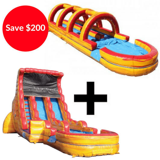 Moonwalk USA Inflatable Slide 19'H Dual Lane Volcano Slide + Inflatable Slip And Slide Bundle W-646
